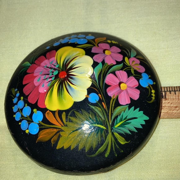 HAND CRAFTED- painted rd trinket box w/lid. Black w/bright flowers.  $25 - Picture 8 of 8